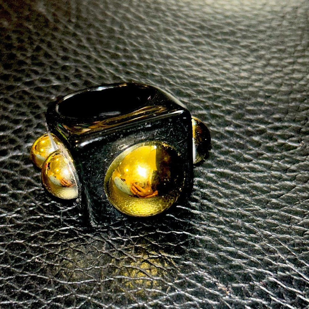 NEW Gold Studded Chunky Oversize Acetate Ring Size 8 High Fashion Edgy - Black